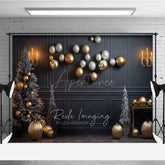 Aperturee - Aperturee Modern Grey and Gold Christmas Photography Backdrop Floating Ornaments with Flocked Trees Elegant Holiday Decor